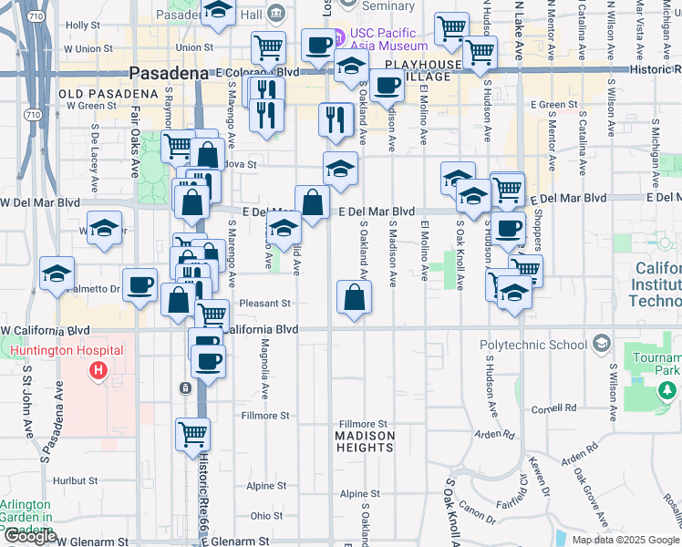 map of restaurants, bars, coffee shops, grocery stores, and more near 425 South Los Robles Avenue in Pasadena