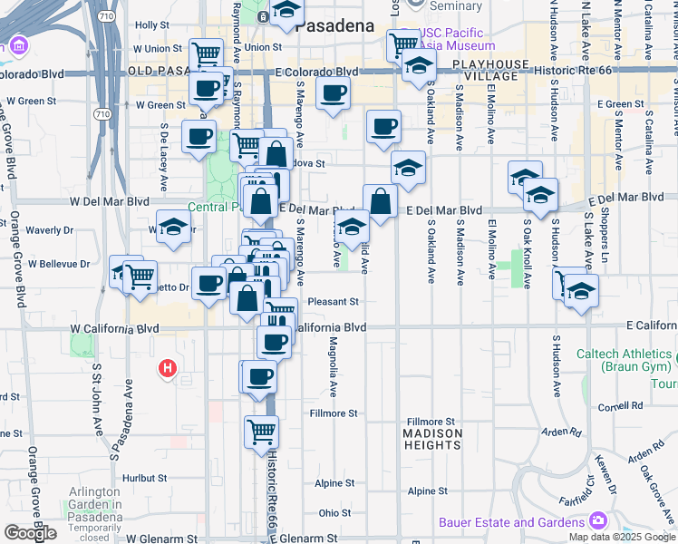 map of restaurants, bars, coffee shops, grocery stores, and more near 427 Waldo Avenue in Pasadena