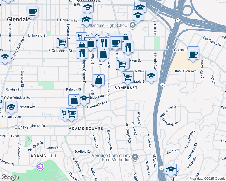 map of restaurants, bars, coffee shops, grocery stores, and more near 1341 Kent Place in Glendale