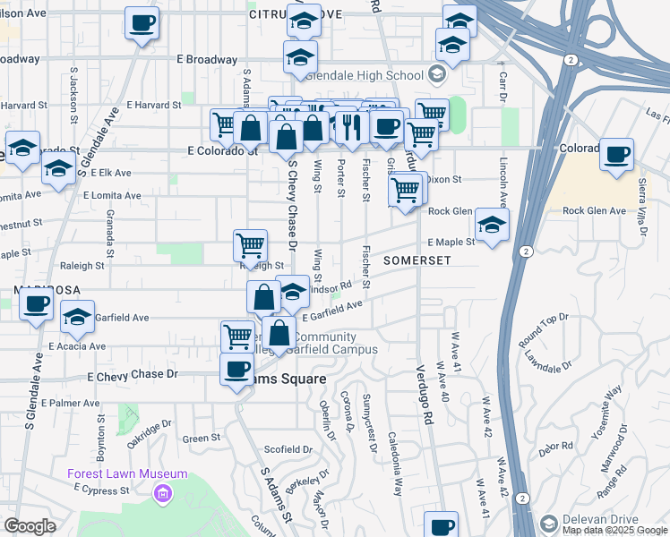 map of restaurants, bars, coffee shops, grocery stores, and more near 713 Porter Street in Glendale