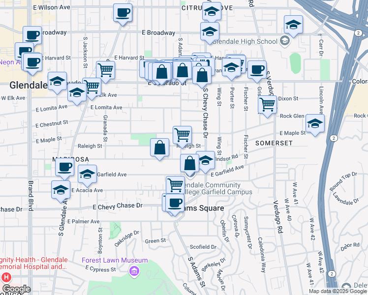 map of restaurants, bars, coffee shops, grocery stores, and more near 709 South Adams Street in Glendale