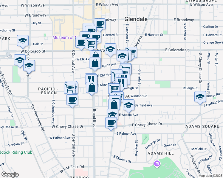 map of restaurants, bars, coffee shops, grocery stores, and more near 230 East Maple Street in Glendale