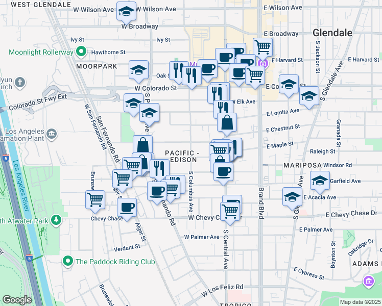 map of restaurants, bars, coffee shops, grocery stores, and more near in Glendale