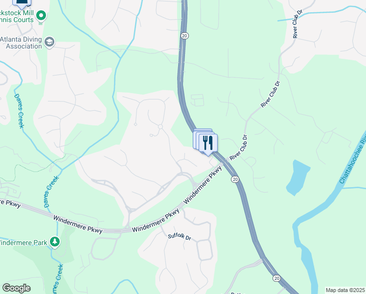 map of restaurants, bars, coffee shops, grocery stores, and more near 1229 Ellington Court in Cumming