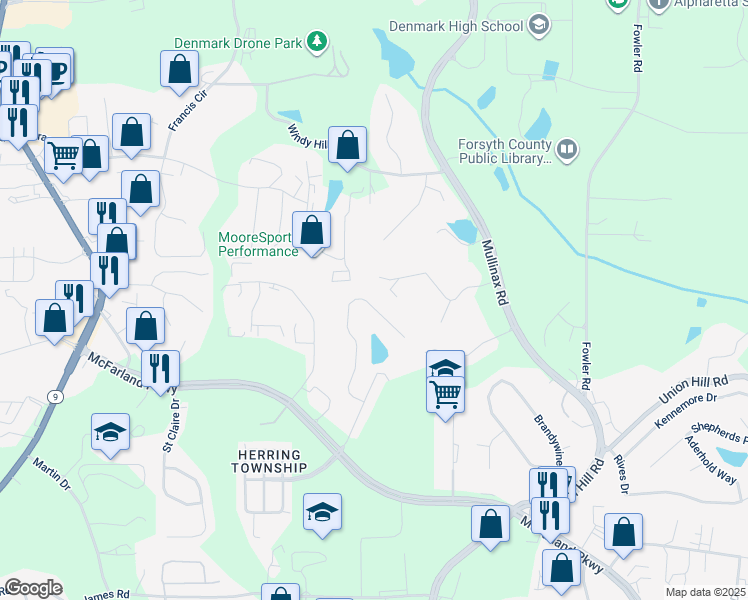 map of restaurants, bars, coffee shops, grocery stores, and more near 340 Cumorah Trail in Alpharetta