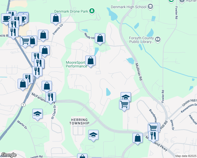 map of restaurants, bars, coffee shops, grocery stores, and more near 501 Windstone Trail in Alpharetta