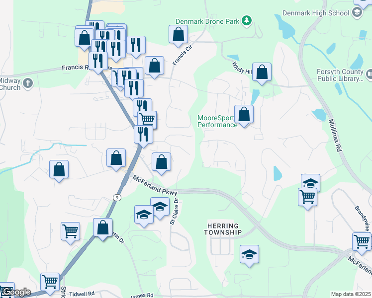 map of restaurants, bars, coffee shops, grocery stores, and more near 6145 Crested Moss Drive in Alpharetta