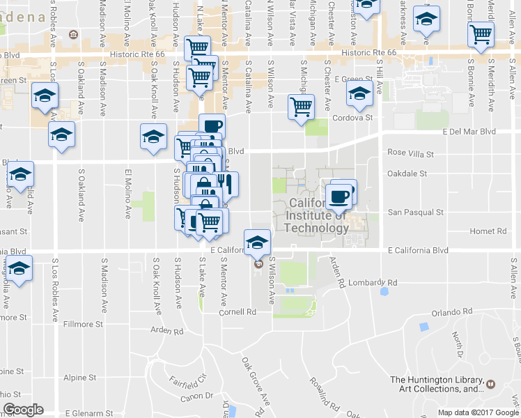 map of restaurants, bars, coffee shops, grocery stores, and more near 403 South Wilson Avenue in Pasadena