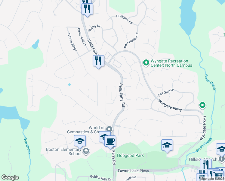map of restaurants, bars, coffee shops, grocery stores, and more near 414 Belmont Way in Woodstock