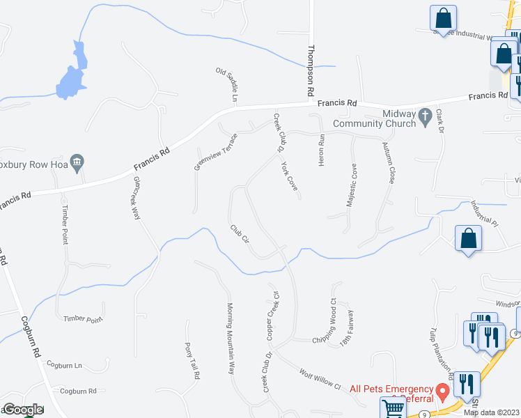 map of restaurants, bars, coffee shops, grocery stores, and more near 14595 Creek Club Drive in Alpharetta