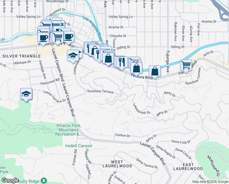 map of restaurants, bars, coffee shops, grocery stores, and more near 11670 Laurelwood Drive in Los Angeles