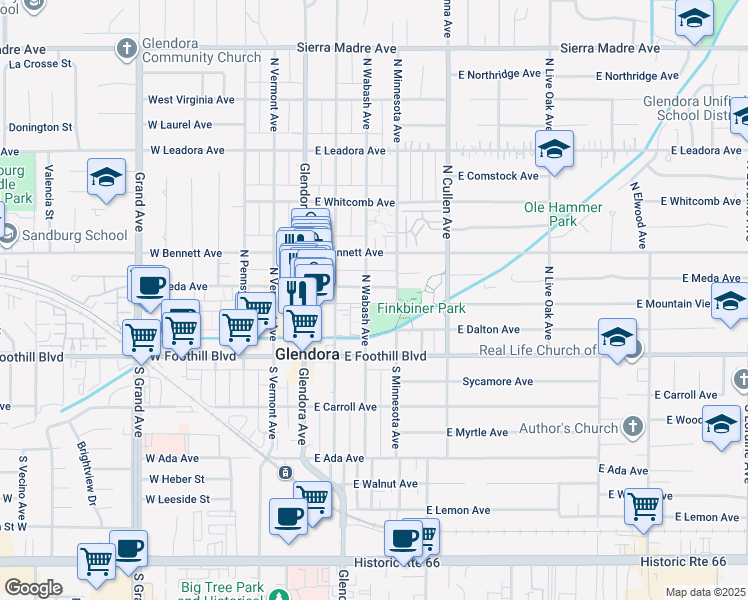 map of restaurants, bars, coffee shops, grocery stores, and more near 306 East Meda Avenue in Glendora