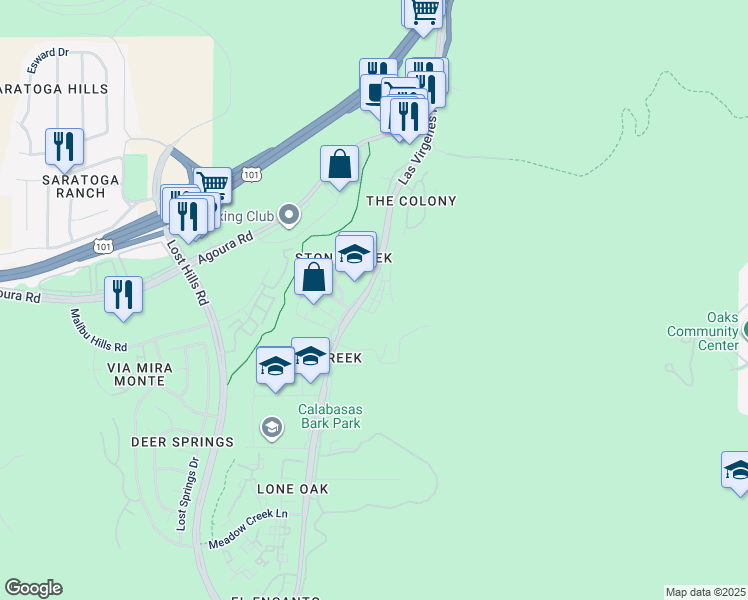 map of restaurants, bars, coffee shops, grocery stores, and more near 4454 Paxton Place in Calabasas