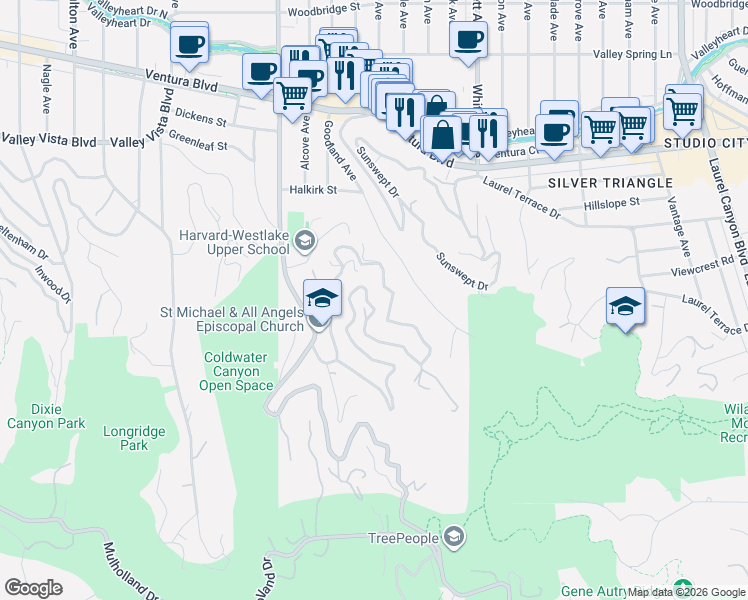 map of restaurants, bars, coffee shops, grocery stores, and more near Alta Mesa Drive in Los Angeles