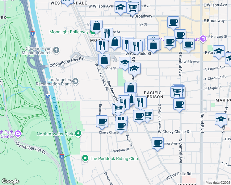 map of restaurants, bars, coffee shops, grocery stores, and more near 4720 San Fernando Road in Glendale