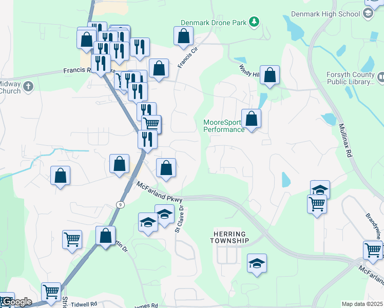 map of restaurants, bars, coffee shops, grocery stores, and more near 6145 Crested Moss Drive in Alpharetta