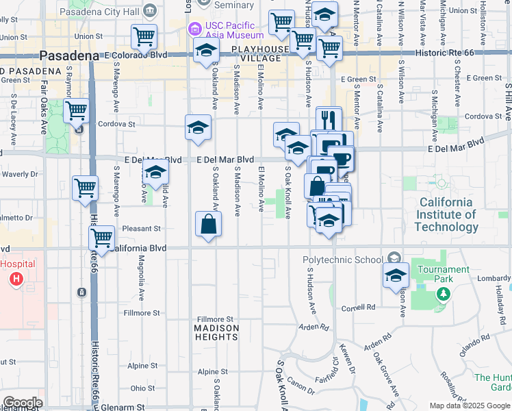 map of restaurants, bars, coffee shops, grocery stores, and more near 451 South El Molino Avenue in Pasadena