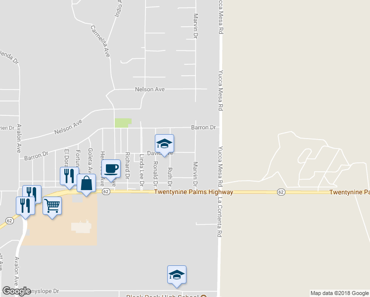 map of restaurants, bars, coffee shops, grocery stores, and more near 59150 David Avenue in Yucca Valley