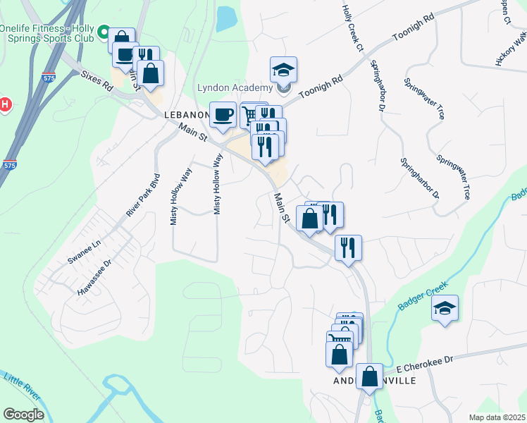 map of restaurants, bars, coffee shops, grocery stores, and more near 251 Turner Lane in Holly Springs