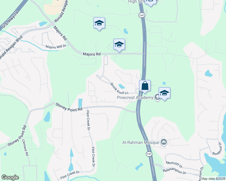 map of restaurants, bars, coffee shops, grocery stores, and more near 1330 Oak Meadows Lane in Cumming