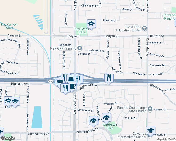 map of restaurants, bars, coffee shops, grocery stores, and more near Elkridge Place in Rancho Cucamonga
