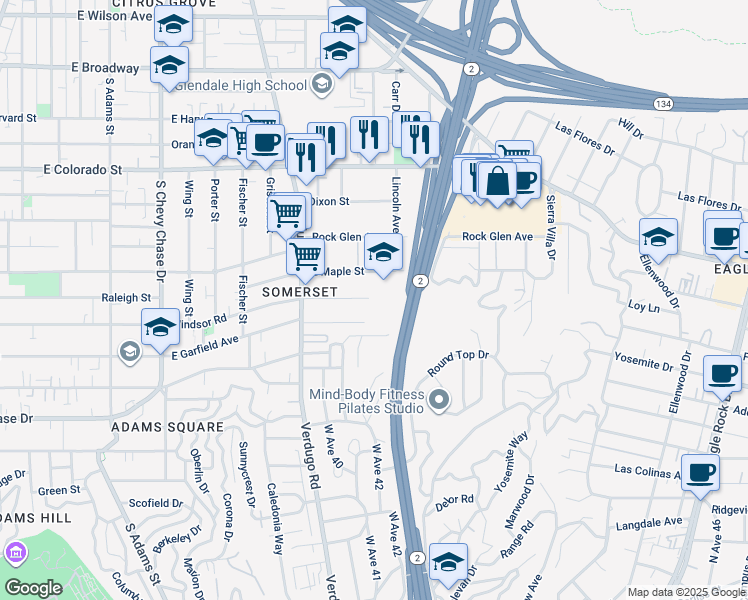 map of restaurants, bars, coffee shops, grocery stores, and more near 1517 East Garfield Avenue in Glendale