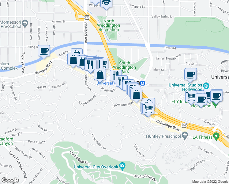 map of restaurants, bars, coffee shops, grocery stores, and more near 10818 Fruitland Drive in Los Angeles