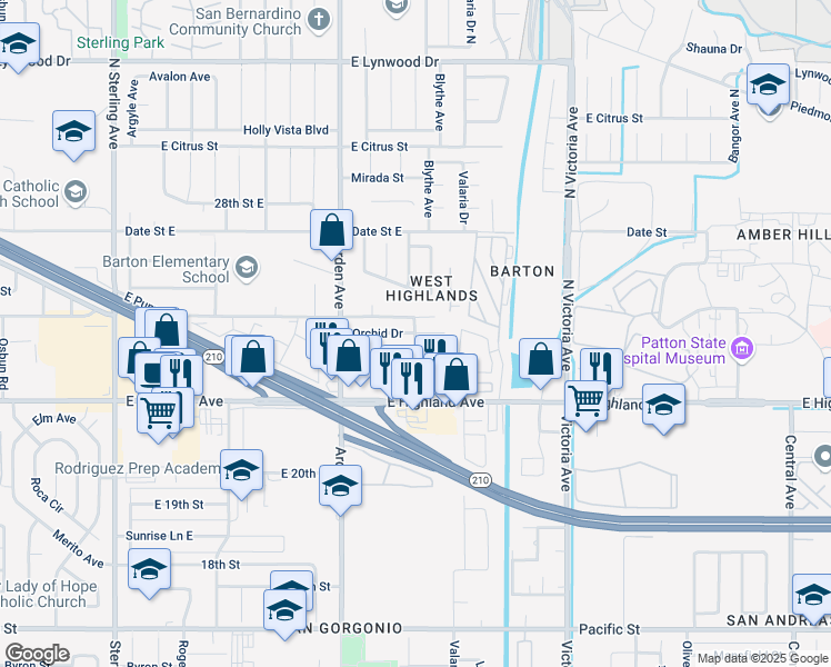 map of restaurants, bars, coffee shops, grocery stores, and more near 6391 Eucalyptus Drive in Highland