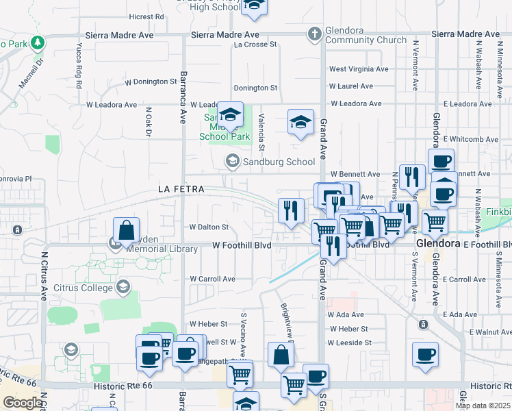 map of restaurants, bars, coffee shops, grocery stores, and more near 701 Park View Terrace in Glendora