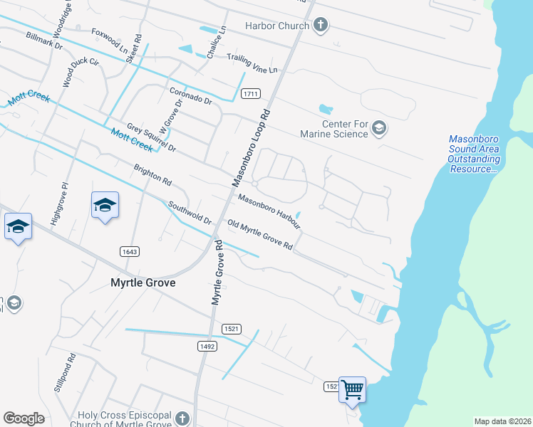 map of restaurants, bars, coffee shops, grocery stores, and more near 5126 Masonboro Harbor Drive in Wilmington