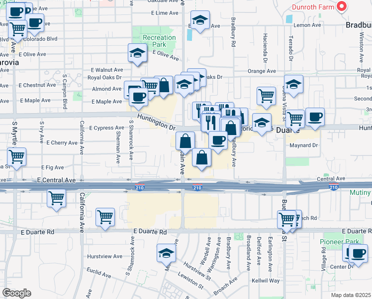 map of restaurants, bars, coffee shops, grocery stores, and more near 1318 Mountain Avenue in Duarte