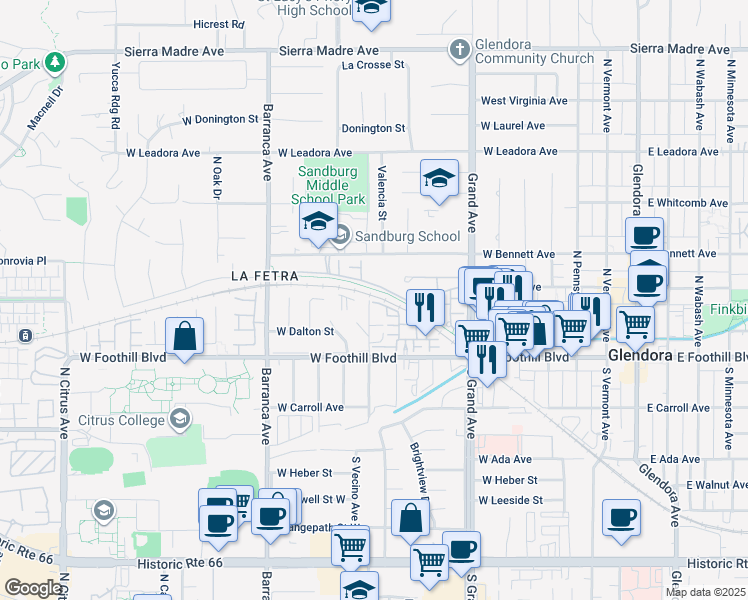 map of restaurants, bars, coffee shops, grocery stores, and more near 649 West Foothill Boulevard in Glendora