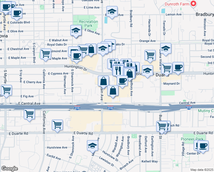 map of restaurants, bars, coffee shops, grocery stores, and more near 1322 Mountain Avenue in Duarte