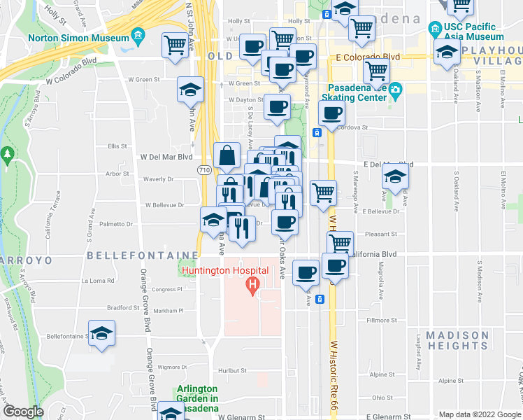 map of restaurants, bars, coffee shops, grocery stores, and more near 60 West Bellevue Drive in Pasadena