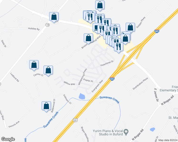map of restaurants, bars, coffee shops, grocery stores, and more near 5371 Sylvan Hill in Buford