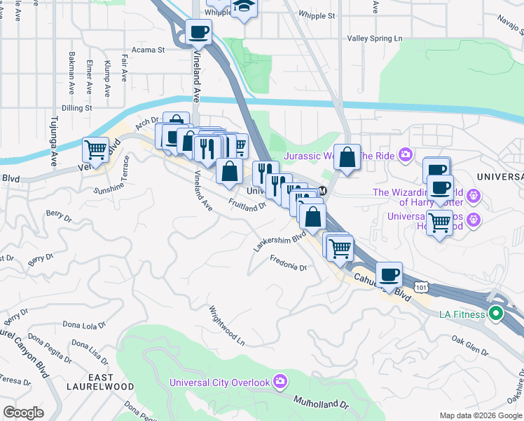 map of restaurants, bars, coffee shops, grocery stores, and more near 10818 Fruitland Drive in Los Angeles