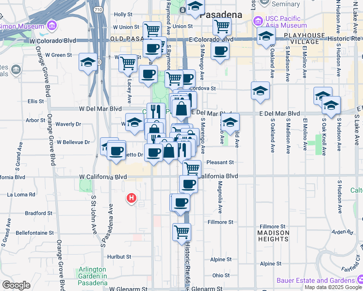 map of restaurants, bars, coffee shops, grocery stores, and more near 415 South Arroyo Parkway in Pasadena