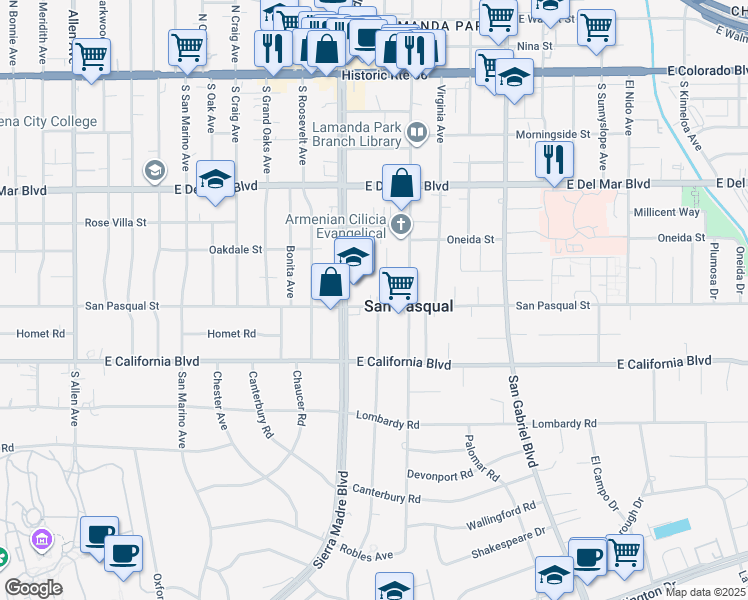 map of restaurants, bars, coffee shops, grocery stores, and more near 2423 San Pasqual Street in Pasadena