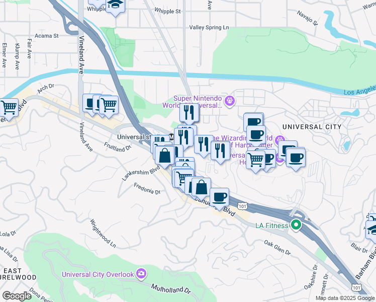 map of restaurants, bars, coffee shops, grocery stores, and more near 10 Universal City Plaza in Universal City