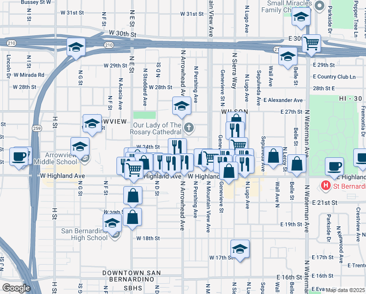map of restaurants, bars, coffee shops, grocery stores, and more near North Arrowhead Avenue in San Bernardino