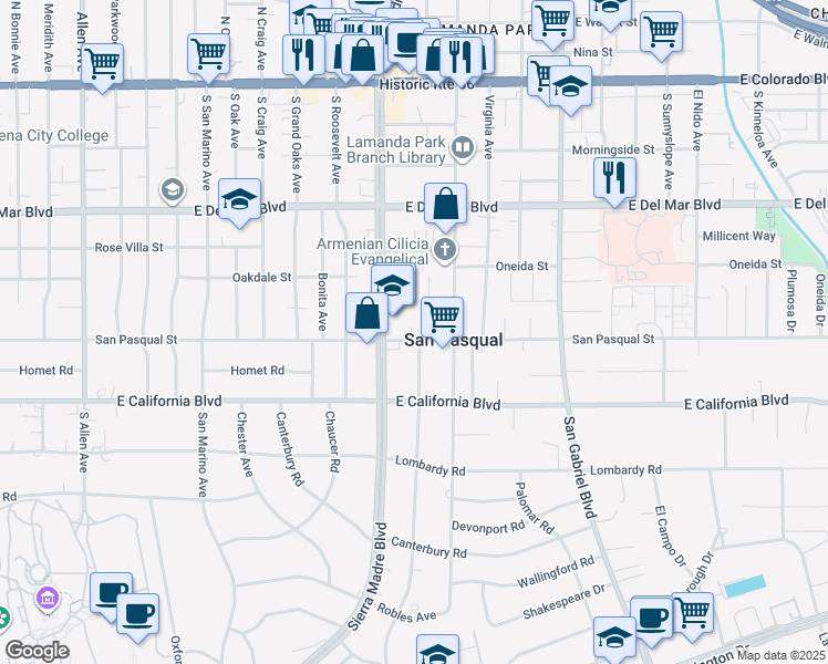 map of restaurants, bars, coffee shops, grocery stores, and more near 2423 San Pasqual Street in Pasadena