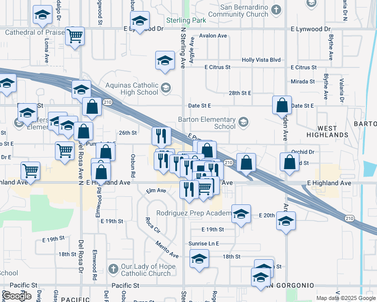 map of restaurants, bars, coffee shops, grocery stores, and more near 2373 Sterling Avenue in San Bernardino