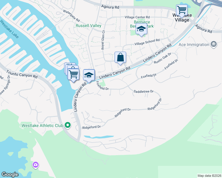 map of restaurants, bars, coffee shops, grocery stores, and more near 31877 Foxfield Drive in Westlake Village