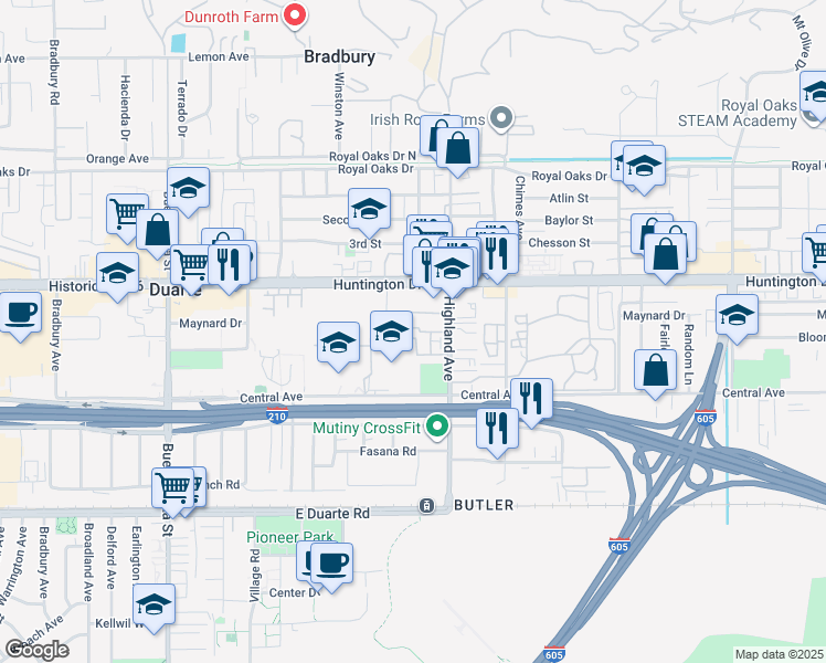 map of restaurants, bars, coffee shops, grocery stores, and more near 1313 Highland Avenue in Duarte
