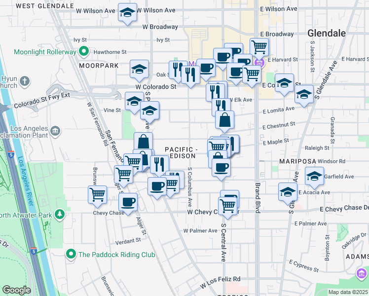 map of restaurants, bars, coffee shops, grocery stores, and more near in Glendale