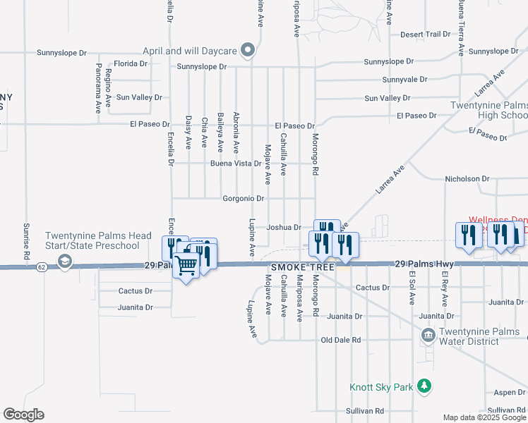map of restaurants, bars, coffee shops, grocery stores, and more near 6350 Mojave Avenue in Twentynine Palms