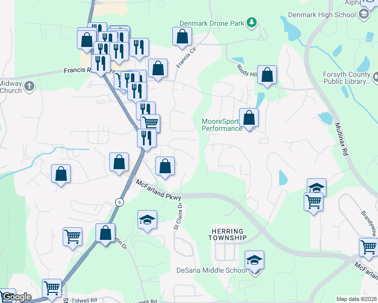 map of restaurants, bars, coffee shops, grocery stores, and more near 6215 Crested Moss Drive in Alpharetta