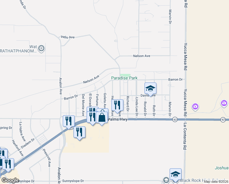 map of restaurants, bars, coffee shops, grocery stores, and more near 6314 Indio Avenue in Yucca Valley