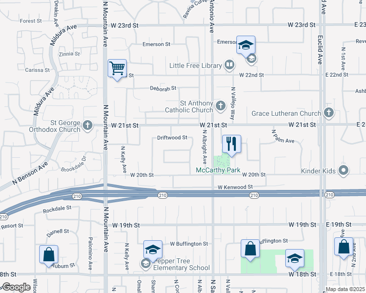 map of restaurants, bars, coffee shops, grocery stores, and more near 907 Pineridge Street in Upland