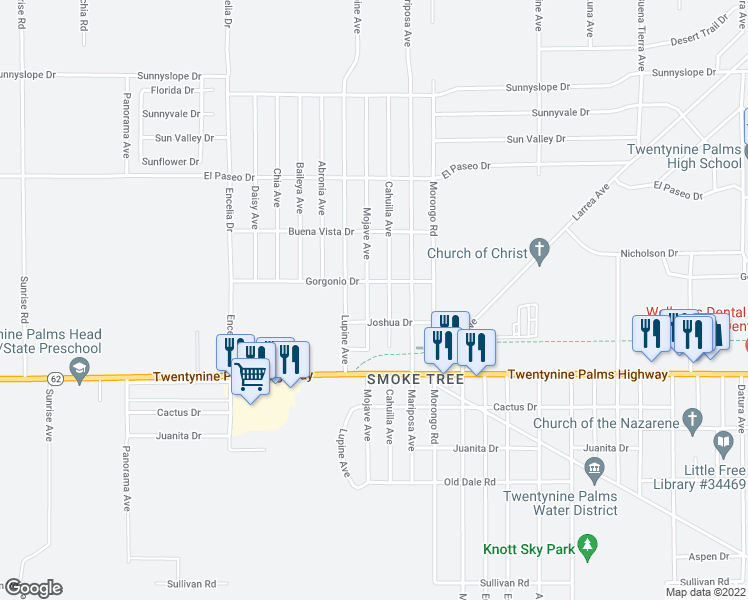 map of restaurants, bars, coffee shops, grocery stores, and more near 6355 Mojave Avenue in Twentynine Palms